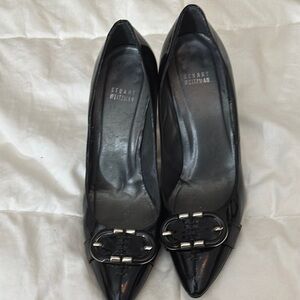 Stuart Weitzman Black Heels with Pointed Toe and Glossy Finish